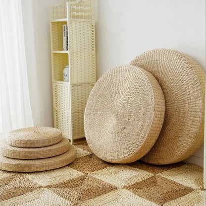 Handmade Natural Straw Tatami Cushion – 40cm Round Pouf | Japanese Style Floor Pillow