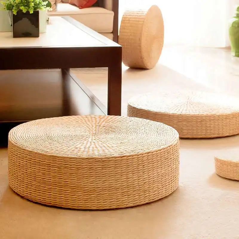 Handmade Natural Straw Tatami Cushion – 40cm Round Pouf | Japanese Style Floor Pillow