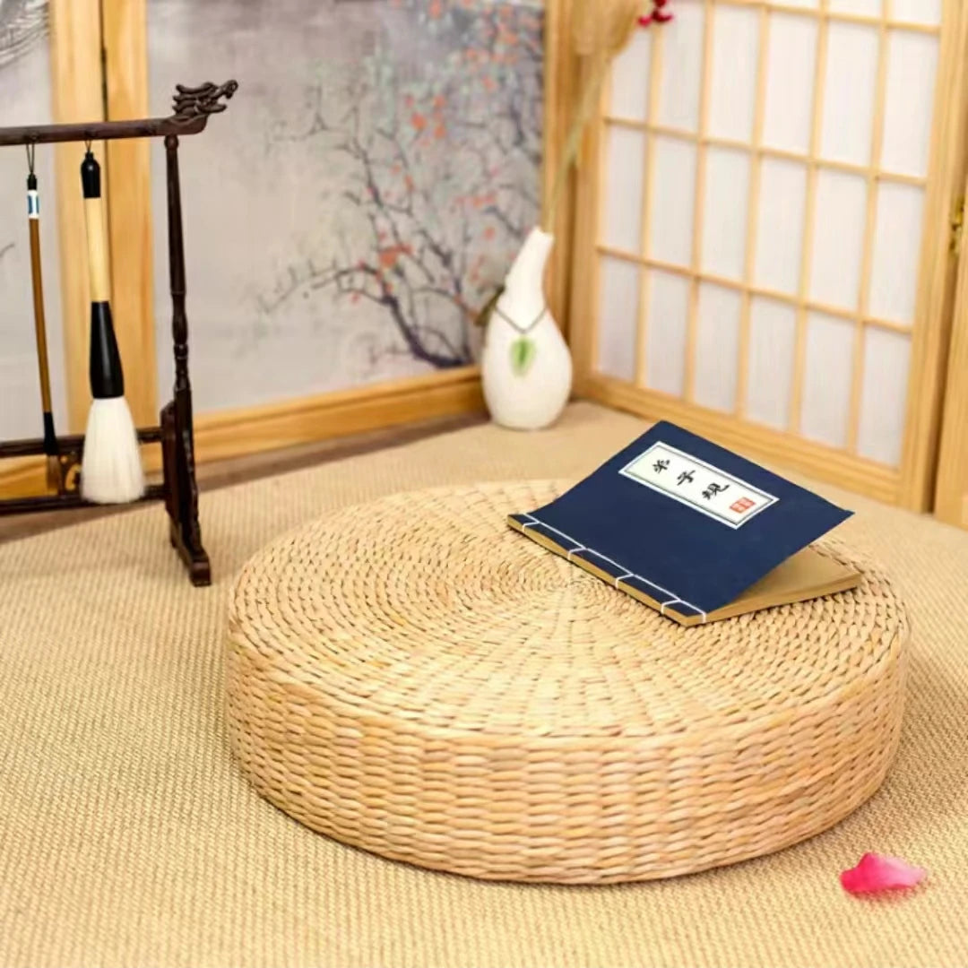 Handmade Natural Straw Tatami Cushion – 40cm Round Pouf | Japanese Style Floor Pillow