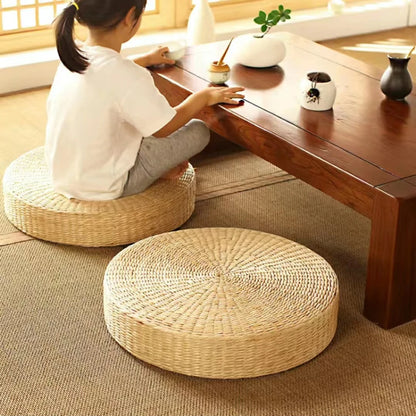 Handmade Natural Straw Tatami Cushion – 40cm Round Pouf | Japanese Style Floor Pillow