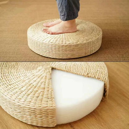 Handmade Natural Straw Tatami Cushion – 40cm Round Pouf | Japanese Style Floor Pillow